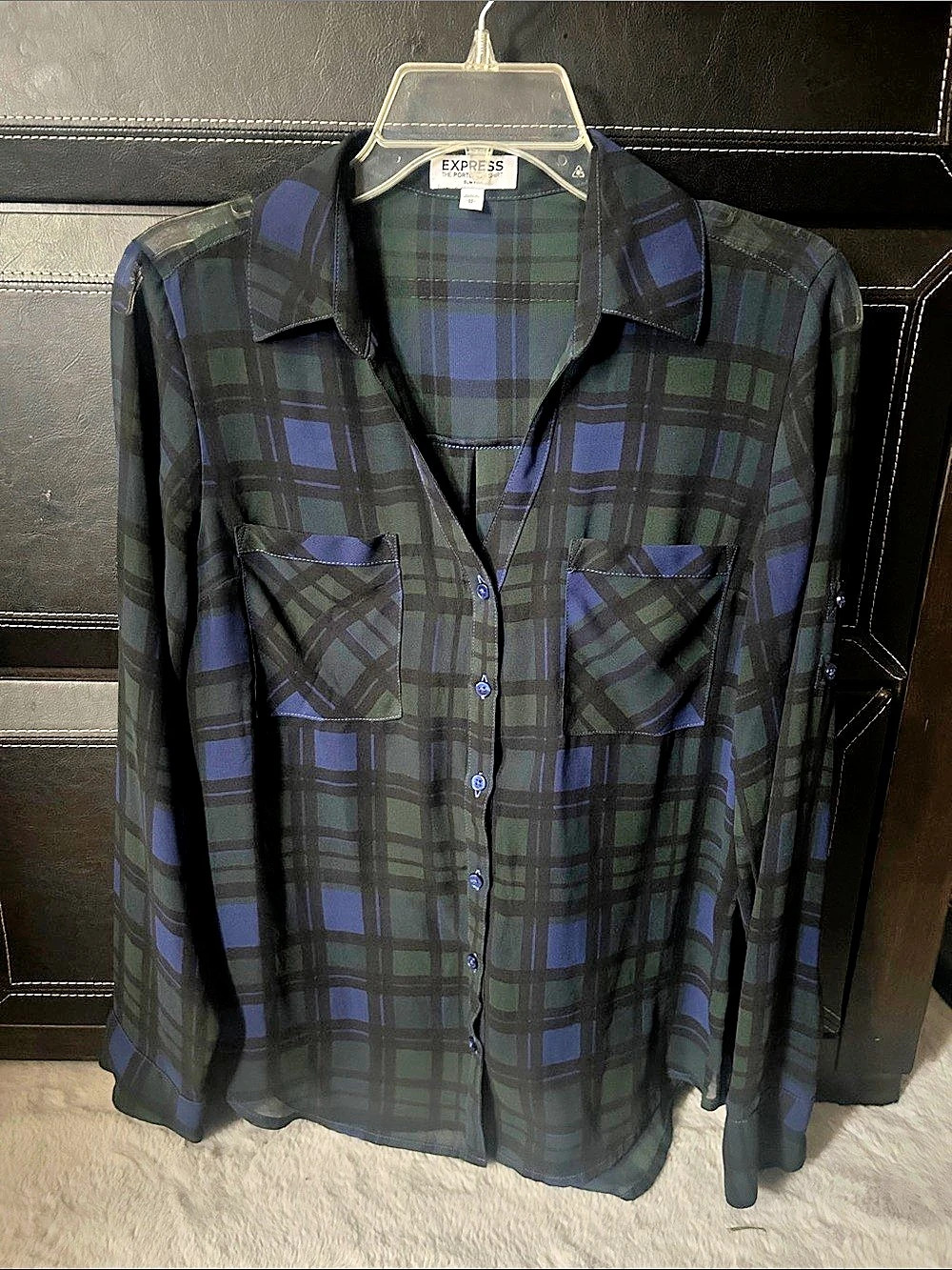 Express The Portofino Shirt Plaid Button Down Black & Blue Medium
